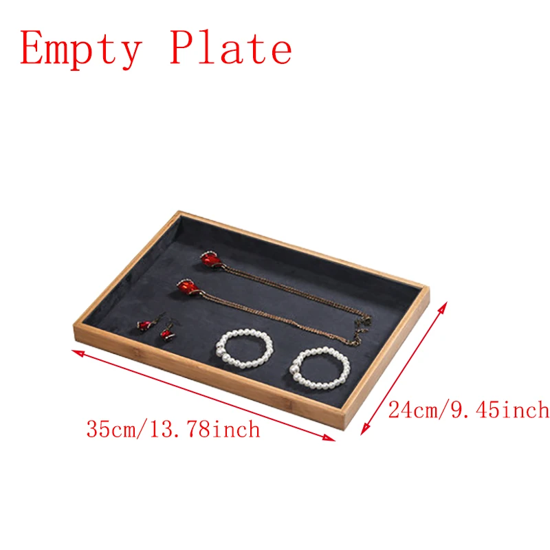 Dark Gray Empty Tray Бамбуковые бархатные ювелирные изделия Дисплей лоток кольцо серьги ожерелье браслет кулон Дисплей Органайзер коробка для хранения ювелирных изделий - Цвет: Dark Gray Empty Tray