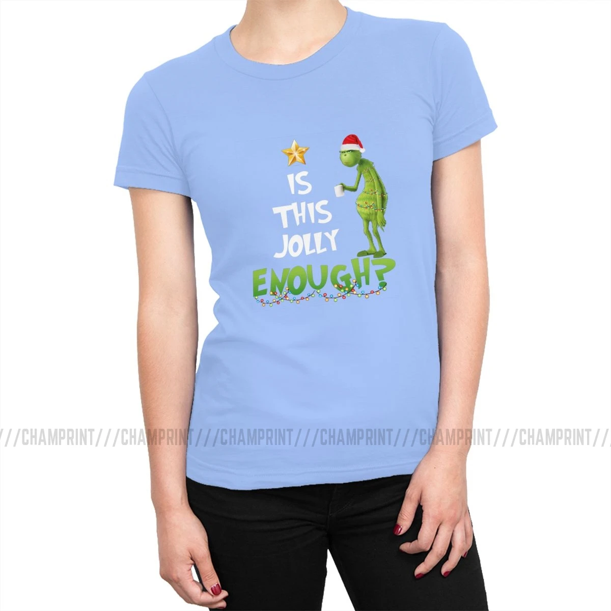 Grinch Is This Jolly достаточно Рождественская женская футболка, футболка, Топы, милая хлопковая футболка для женщин, готическая одежда, графический Рисунок - Цвет: Небесно-голубой