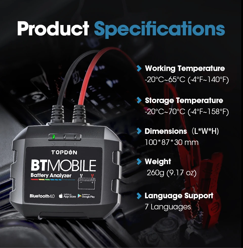 TOPDON Bluetooth Автомобильный Батарея тестер BT мобильного 12V Беспроводной монитор 100