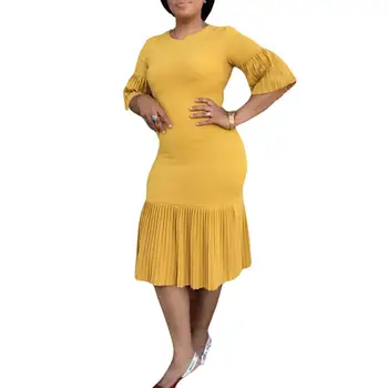 

Hot Plus Size Party Elegant Women Solid Color Pleated Half Sleeve Bodycon Midi Dress