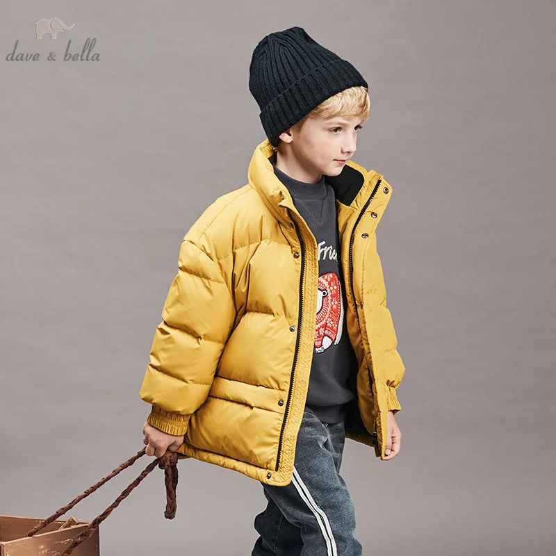 DBK11275 dave bella/Детский пуховик для мальчиков детская верхняя одежда на утином пуху 90% года модное желтое пальто на молнии с капюшоном