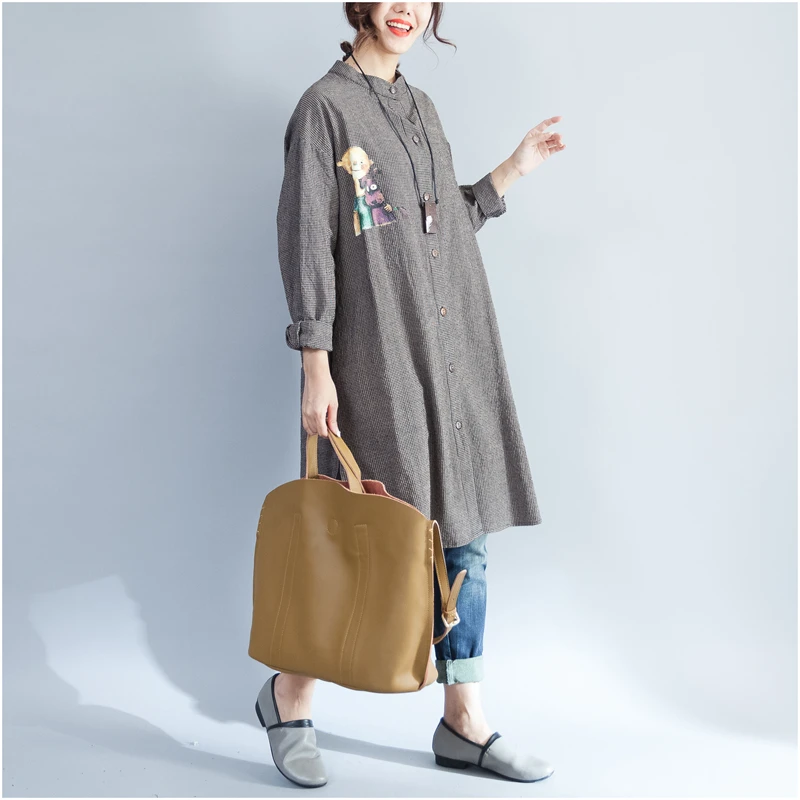 Autumn Women Korea Style Oversized Long Sleeve Stand Collar Plaid Vintage Cartoon Print Single Breasted Coat Cotton Linen Trench