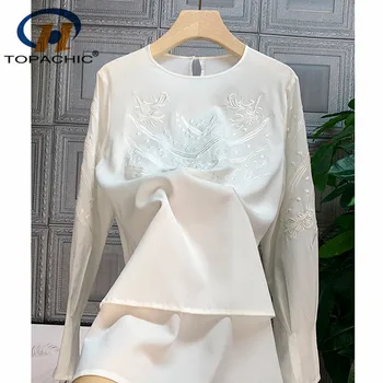 

1.15 2020 Spring New Women Solid O-neck Long sleeve Embroidery Flowers Temperament Silk Blouse