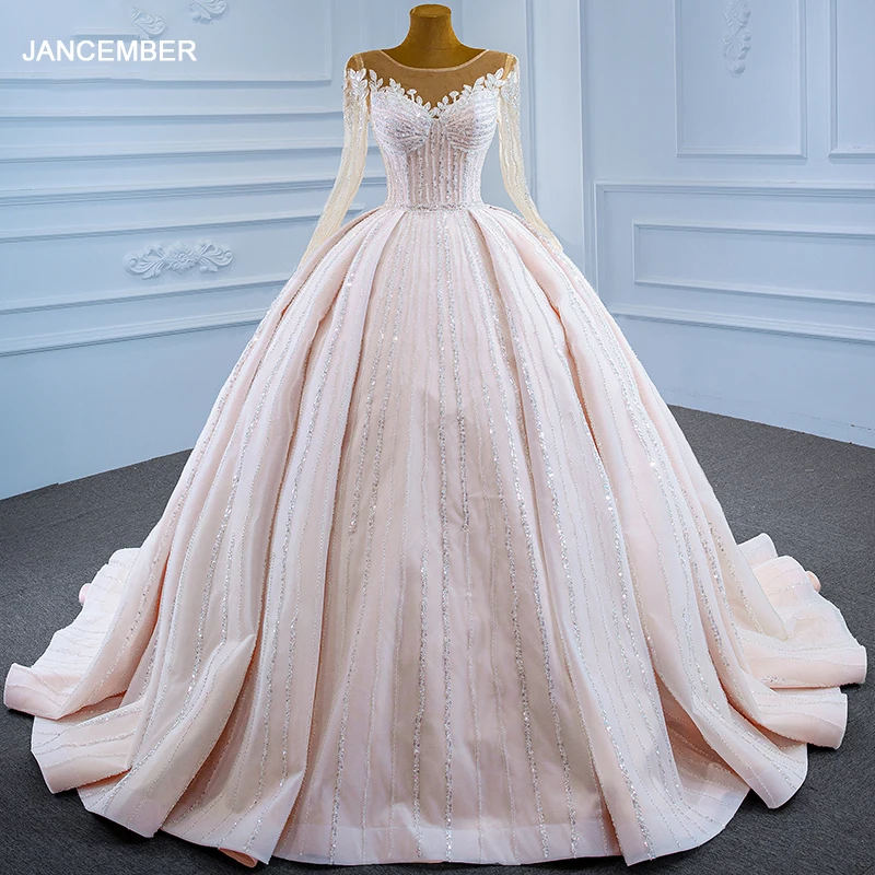 RSM67253 Light Pink Elegant Long Sleeve Wedding Dress 2021 Heart-Shaped Transparent Lace Applique Sequined Dress 1