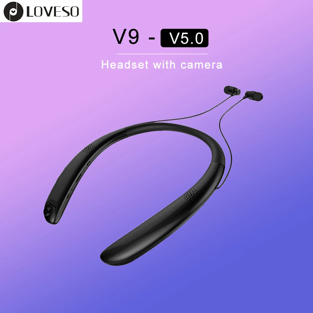 LOVESO V9 Bluetooth Беспроводная стерео мини-камера гарнитура с шейным ободком в ухо