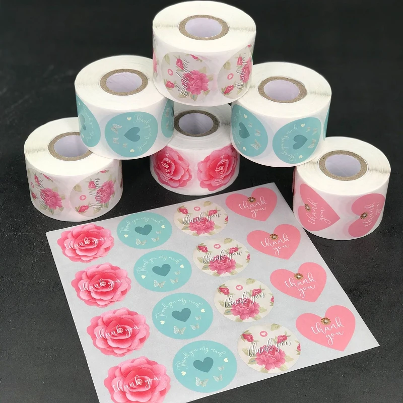 Stunning 1.5''/38mm Heart&ampRound Pink Floral Love Thank You Sticker for Small Business Gift Wraps Envelope Flower Bouquets Labels |
