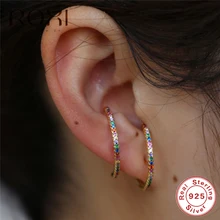 Радужные серьги-гвоздики с фианитами для женщин, женские трендовые ювелирные изделия Huggie, 925 пробы серебряные серьги в форме буквы C, подарки