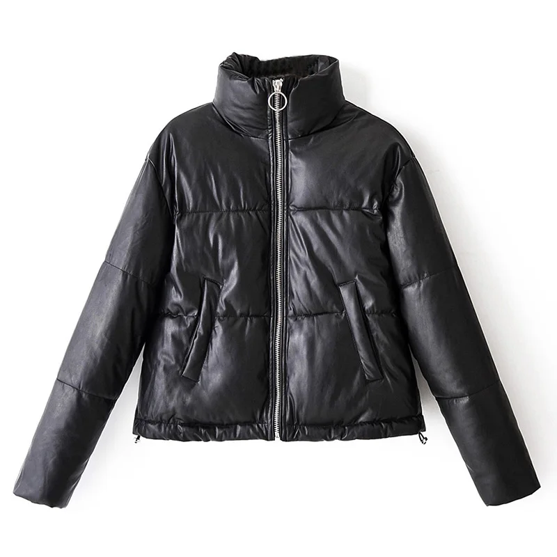 

Stand Collar Office Jacket Long Sleeve Warm Ladies Tops Outerwear Women Casual Pu Leather Black Coat Winter Autumn New Fashion