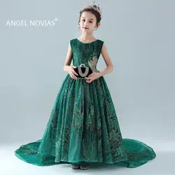 Длинные Зеленые кружевные платья с цветочным узором для девочек 2020 г. Детский халат принцессы Mariage Enfant Fille для свадьбы и вечерние