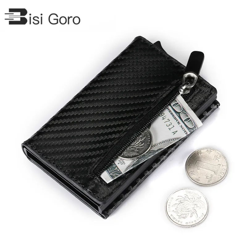 

BISI GORO Credit Card Holder 2019 New Aluminum Box Card Wallet RFID PU Leather Pop Up Card Case Magnet Carbon Fiber Coin Purse