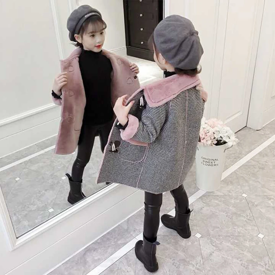 Детское пальто; детская куртка с длинными рукавами; зимнее ветрозащитное пальто в клетку; теплая верхняя одежда; куртка для девочки