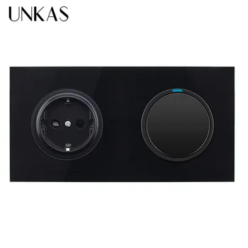 

UNKAS Black Crystal Glass Panel 16A EU Standard Wall Power Socket 1 Gang 1 Way Pass Through On / Off Light Switch