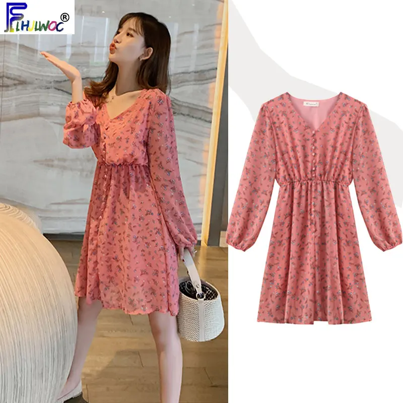 Женское шифоновое платье Осеннее базовое с длинным рукавом Стройное эластичное