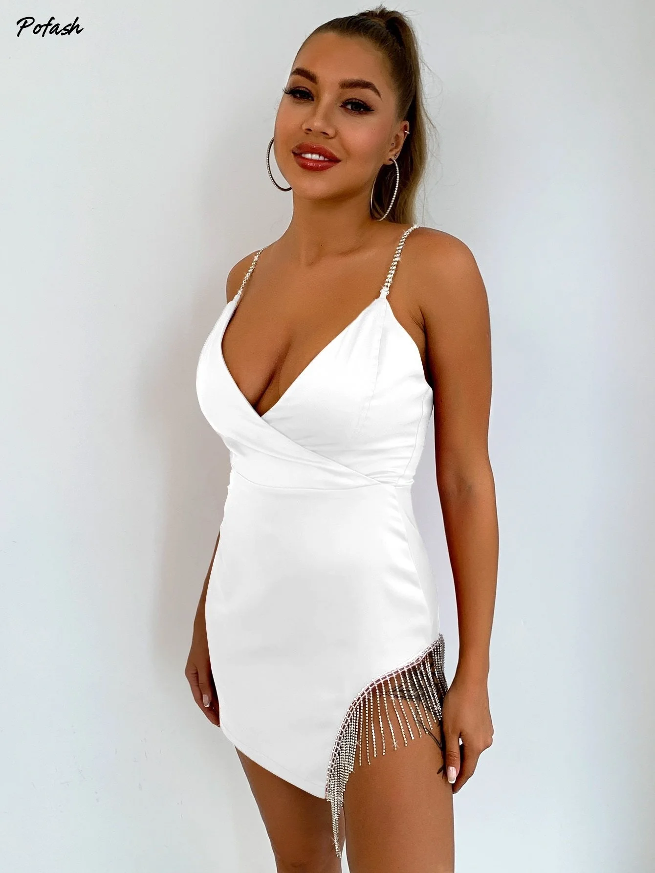 Joyfunear Fringe Hem Rhinestone Strap Cami Dress