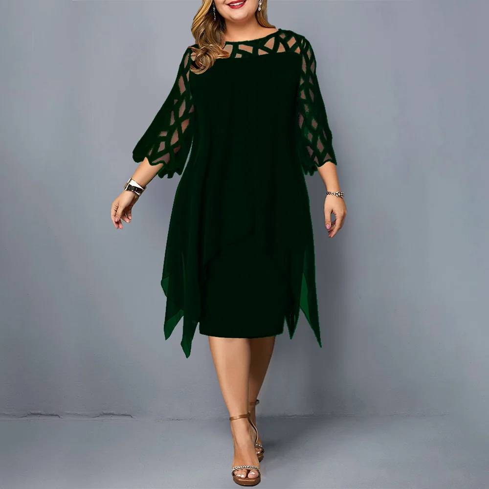 Plus size Women Midi Dress Large Size Office Style Lady Summer Dress 3/4 Short Sleeve Hollow Out Female Black Work Dresses