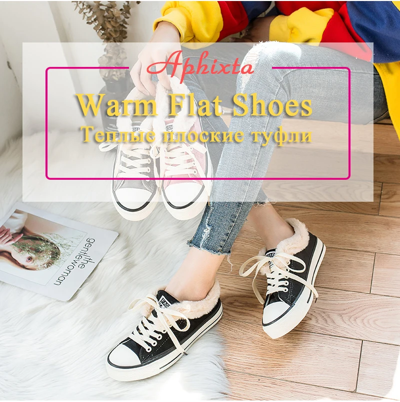 Aphixta Winter Women Flats Vulcanized Sneakers Warm Plush Shoes Woman Canvas Shoes Female Sneakers Fashion Lace Up Shoes
