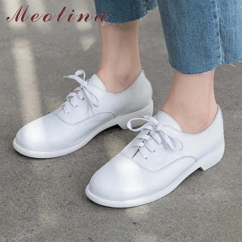 

Meotina High Heels Women Pumps Natural Genuine Leather Thick Heel Shoes Sheepskin Lace Up Round Toe Shoes Lady Black Size 34-39