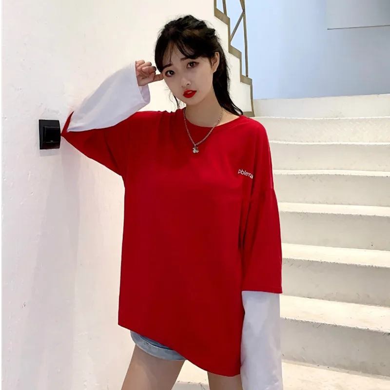

Harajuku Women Long T Shirt Solid Colored Patchwork Long Sleeve T-shirt Spring Autumn Tee Casual Pullover Basic Tops C342