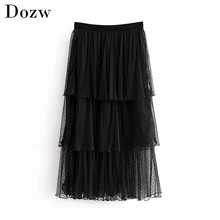 Женская шикарная Сексуальная кружевная сетчатая юбка, многослойная плиссированная Женская юбка миди, Повседневная элегантная прямая юбка с эластичной резинкой на талии
