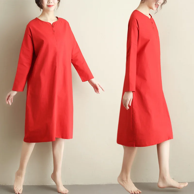 

2019 Spring New Style Cotton Linen Large Size Dress Literature And Art Retro Loose-Fit Slimming Dress