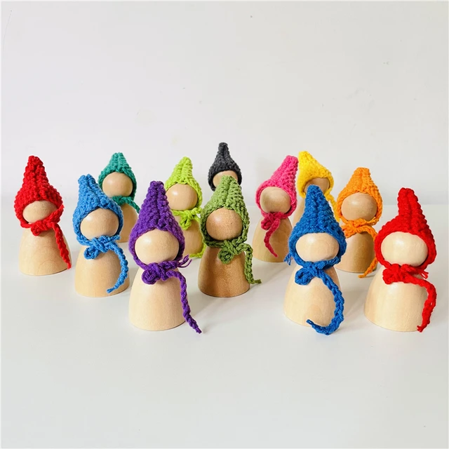 Kids Rainbow Peg Dolls with Knitting Hat Baby Pretend Play Unfinished People Figures Shape Montessori Wooden Educational Toys 6