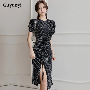 

Dot Elegant Party Dress 2020 Summer Simple High Waist Puff Sleeve Decoration Ruffles Asymmetry Vintage British Style Dress Women