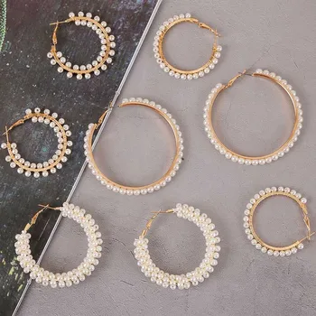 

Fashion Classic Pearl Hoop Earrings For Women Trendy Round Handmade Beaded Circle Earring Ladies Party Statement Jewelry