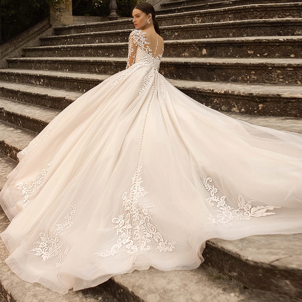 Wedding Dresses Long Sleeve Tulle A Line Bridal Gown Illusion Neck Lace  Applique