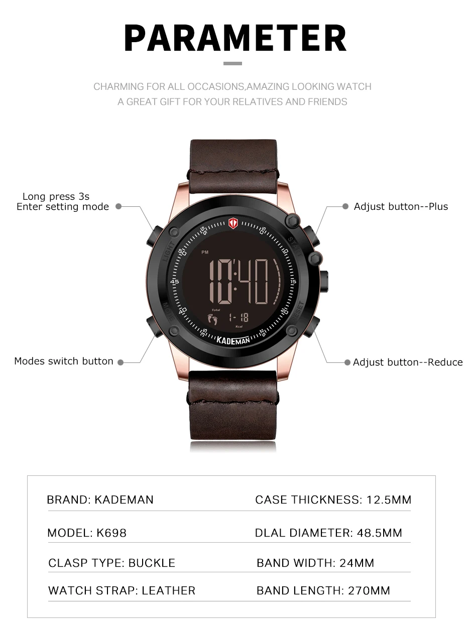 KADEMAN Брендовые мужские цифровые часы 30 м водонепроницаемые спортивные наручные часы Роскошные с ЖК-дисплеем повседневные кожаные часы Relogio Masculino