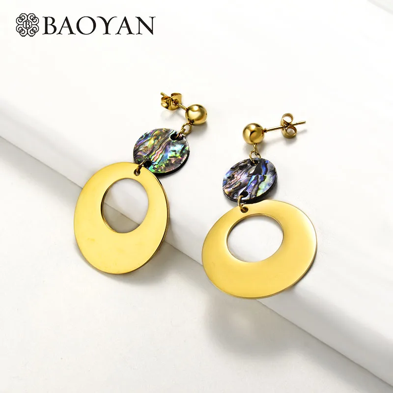SSEGG142-15819 Baoyan титановые Висячие серьги женские ювелирные изделия золотые серебряные серьги из нержавеющей стали натуральные серьги в виде раковины абалона для женщин - Окраска металла: SSEGG142-15819