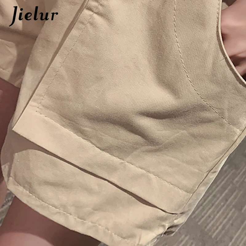 Jielur летние шорты женские повседневные эластичные с высокой талией прямые тонкие короткие однотонные корейские карго уличная леди 3 цвета
