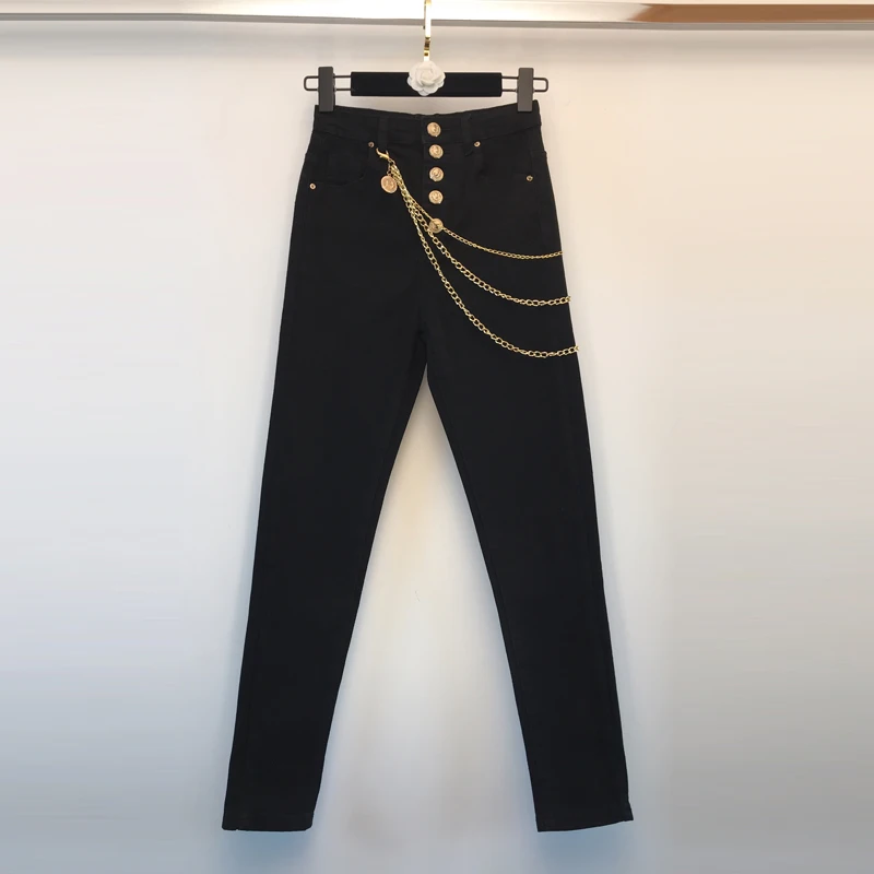 Gold chain waist chain solid color stretch Slim jeans women new autumn pencil pants