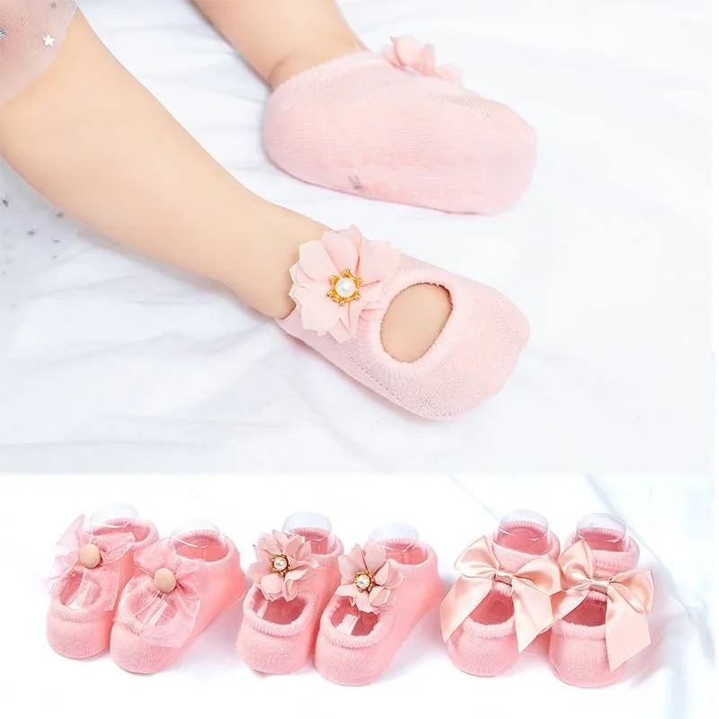 PINK BalleenShiny/3 пары в партии, хлопковые носки с бантиком для новорожденных, Нескользящие короткие носки с кружевными цветами, носки-тапочки для малышей - Цвет: PINK