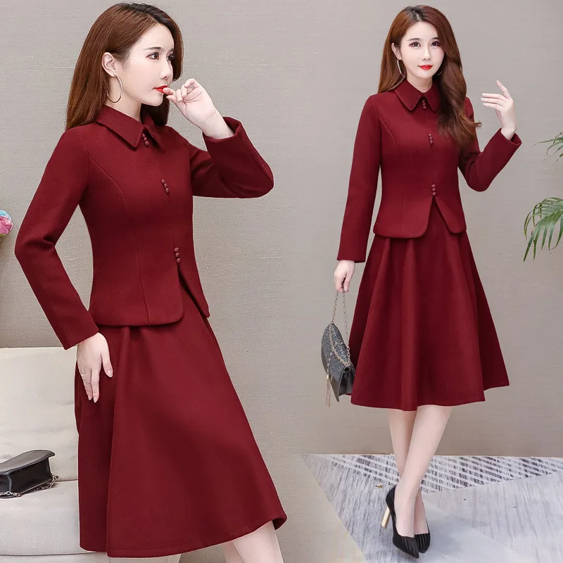 

2019 Autumn New Style Elegant Elegant Large Size Mid-length Slimming Waist Hugging Wool Woolen Cloth Set Skirt Both Sets