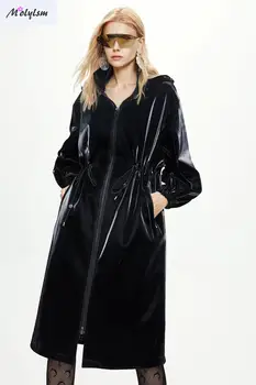 

Autumn / Winter 2020 New Windbreaker Women's Extended Shark Skin Pu Leather Jacket Over The Knee European Version Of Handsome Wi