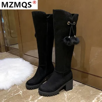 

2020 Winter Women's Boots Fashionable Zipper High Boots Round Toe High Heel Fringed Suede Square-Heel Knee-length Women's Boots