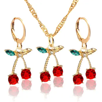 

JUST FEEL Sweet Cute Cherry Pendant Necklace for Women Gold Silver Color Crystal Fruit Necklace 2020 Fashion Accessories Jewelry