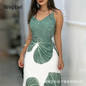 

WEPBEL Strap Tops + High Waist Long Skirts Set Summer Women Set Leaves Green Color Printed Female Fashion Skirts Set Suirt