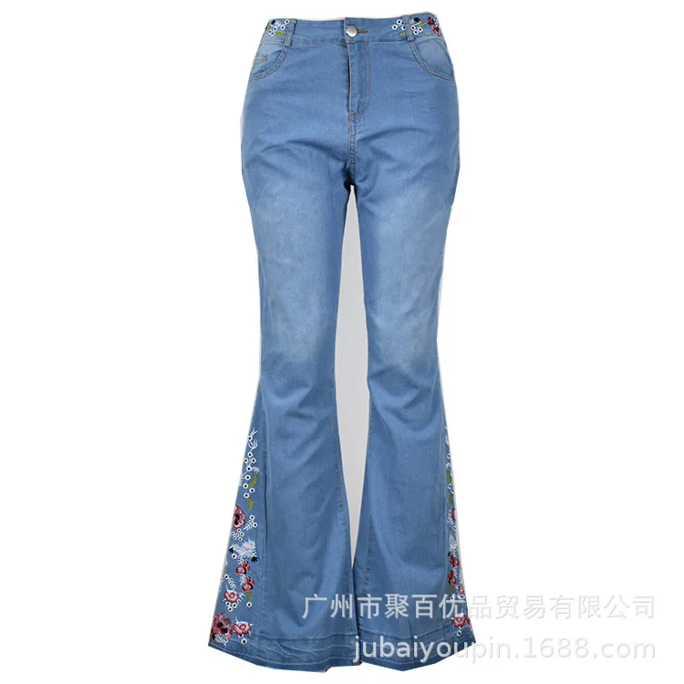 Осень, женские джинсы стрейч со средней талией, синие, на пуговицах, с расклешенным подолом, женские длинные джинсовые брюки, хлопковые брюки Капри с вышивкой