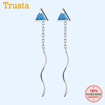 

Trusdavis 100% 925 Solid Real Sterling Silver Stud Earrings Blue Triangle 4.1cm Linked Drop Stick Girls Friends Gift DA84