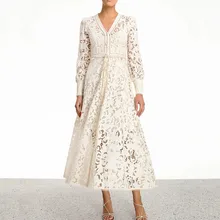 Европейское высококачественное подиумное дизайнерское платье для женщин весеннее Элегантное Белое Платье макси с v-образным вырезом и длинным рукавом