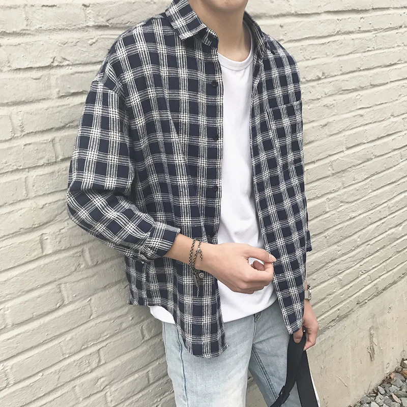 Новая хлопковая одежда в Корейском стиле модная уличная одежда весна лето осень приталенные клетчатые мужские рубашки с длинным рукавом S-3XL - Цвет: Синий