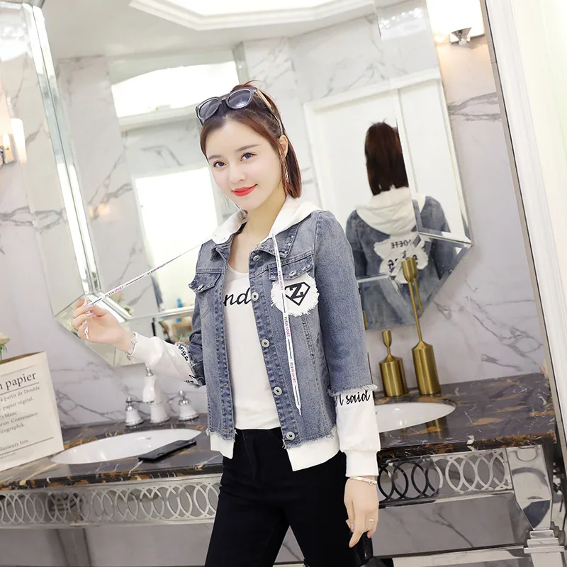 

Photo Shoot 2019 Autumn Jeans Coat Women's Korean-style Short Light Color Joint Loose-Fit Hooded Hipster Students Tops