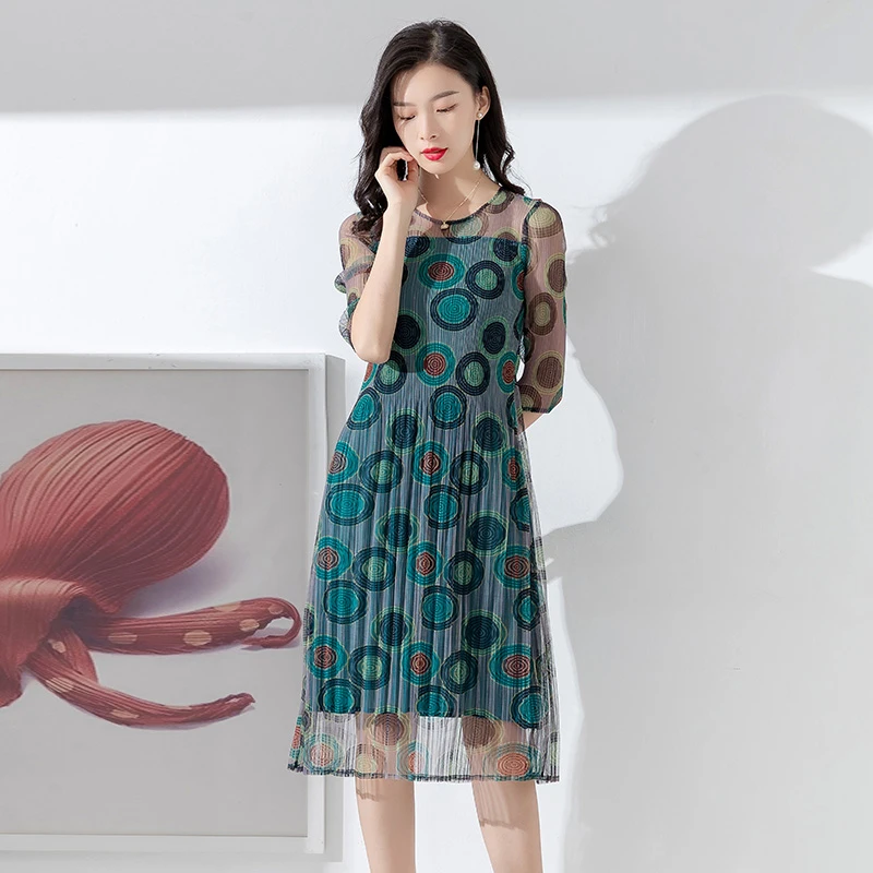 

Printing Fold Medium length Pleated skirt 2019 New summer style Lady Any combination Skinny Dress