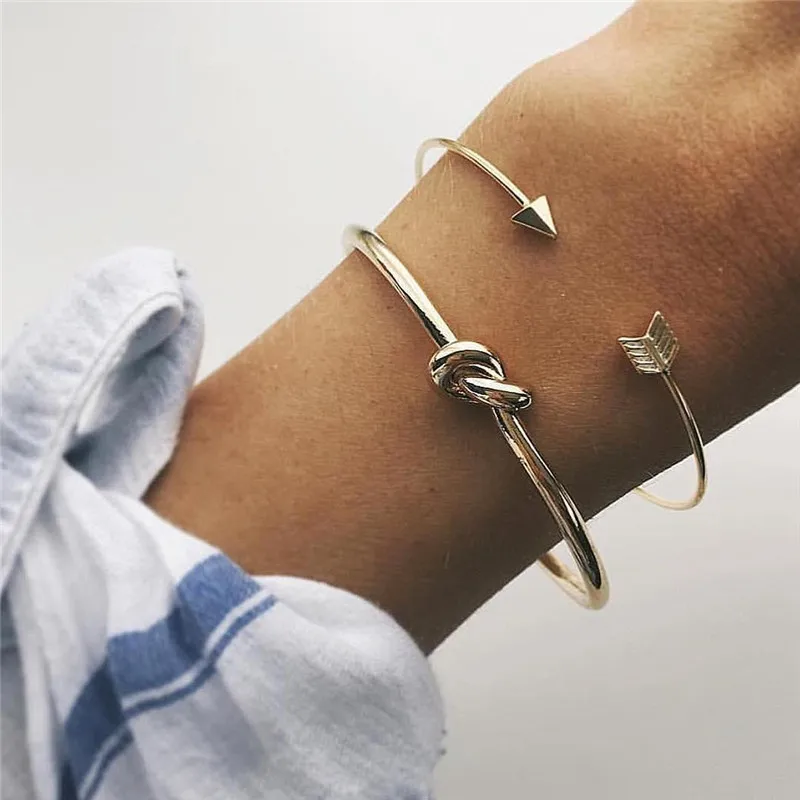 

2PCS/Set Simple Gold Color Tie Knot Cuff Bracelet Bangles For Women Open Arrow Knotted Charms Bracelet Bijoux Femme