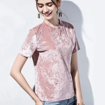 

2020 women Gold velvet short-sleeved t-shirt women's loose women's summer basic round neck compassionate temperament top