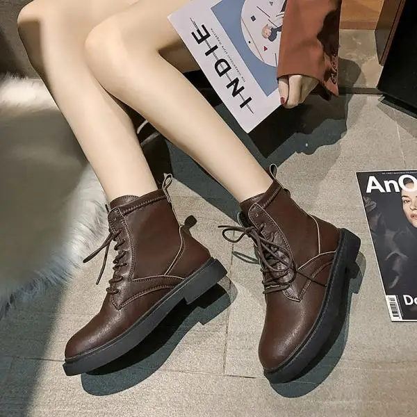 Lace Up Women's Leather Boots Flat Heel Round Toe Low Heels booties Booties Ladies Fashion Womens Shoes Boots-women Punk - Цвет: 2