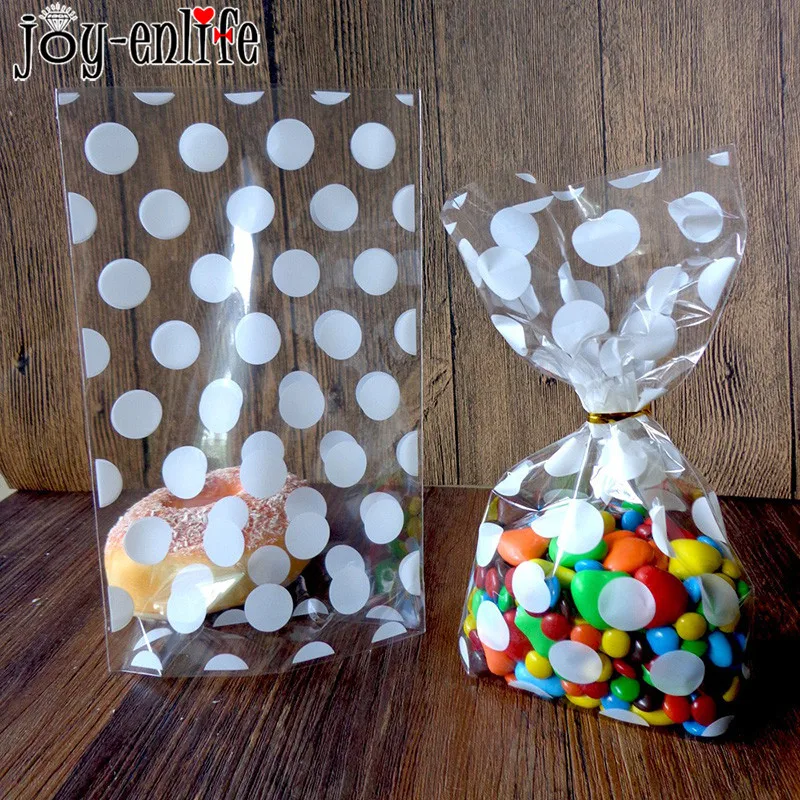 

20pcs Christmas Plastic Candy Bags Gift Bag Gold White Polka Dots Transparent Cookies Bag Birthday New Year Party Food Packing
