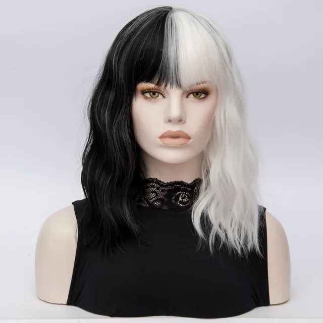 CRUELLA Deville De Vil Cosplay Wigs Curly Half White Half Black Heat Resistant Synthetic Hair Wig + Wig Cap black white