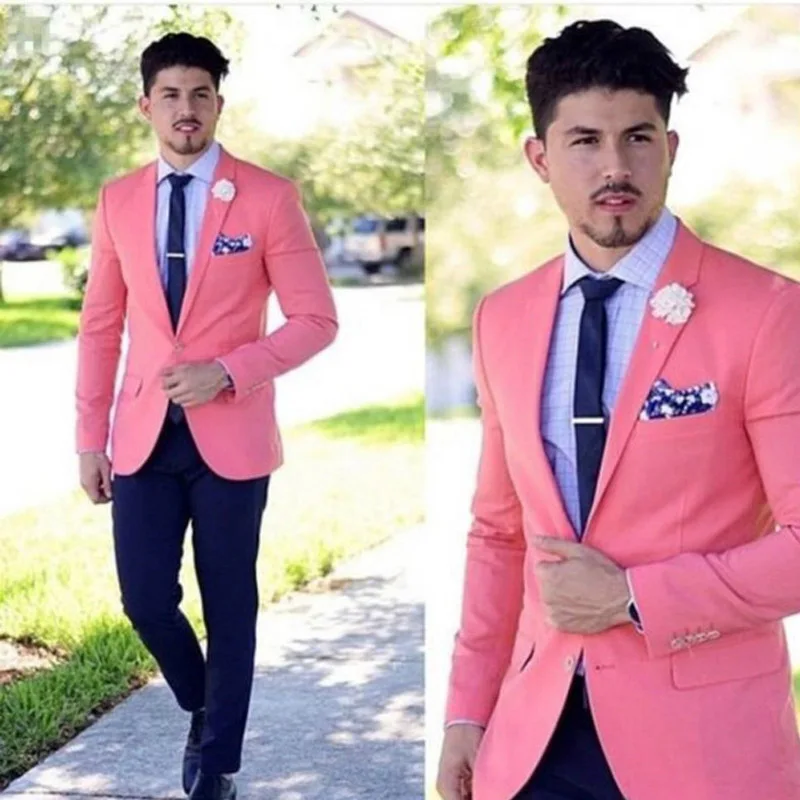 

Pink Casual Slim fit Men Suits with Notched Lapel 2 Piece Wedding Tuxedo for Groomsmen Man Fashion Jacket with Navy Blue Pants